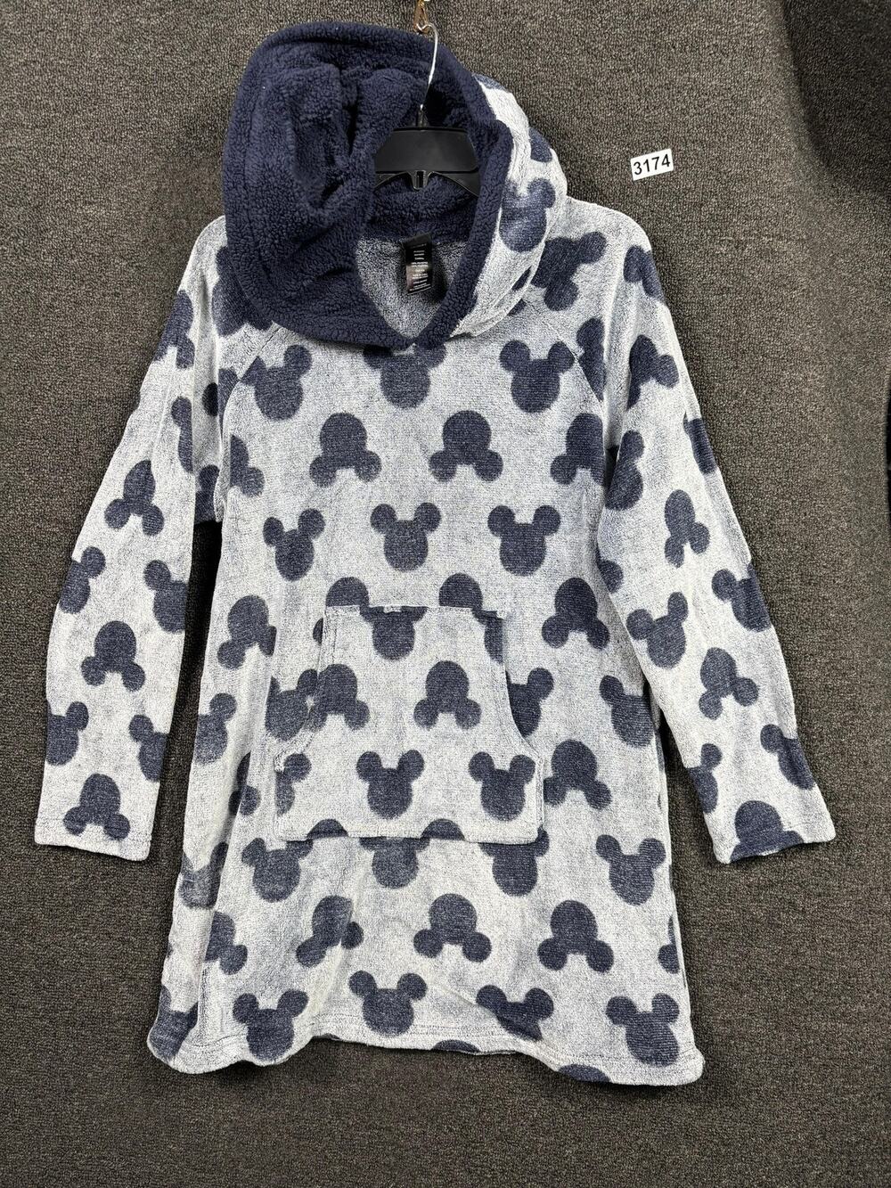 Disney Pullover Hoodie Womens Large Gray Blue Sherpa Faux Fur Mickey Mouse Cozy - Picture 1 of 7